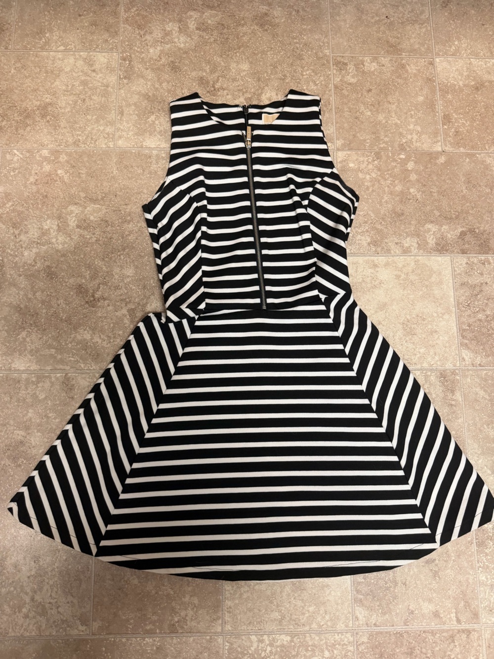 Michael Kors Black and White Striped Mini Fit-and-Flare Dress